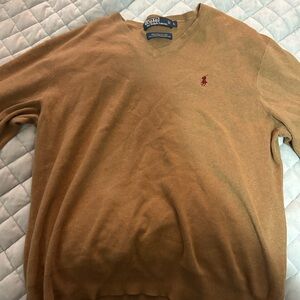 Polo by Ralph Lauren V-Neck Sweater in Camel with Red Pony